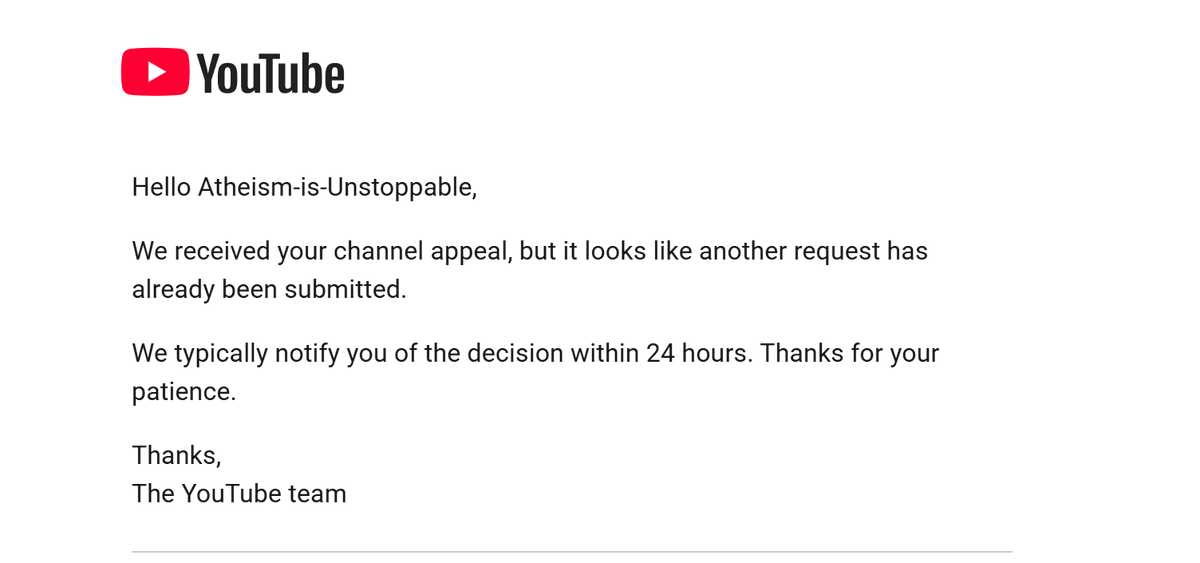 <a href="/TeamYouTube/">TeamYouTube</a>  Can you help me follow up on this appeal. My channel was removed even though I had zero strikes. Was very unfair. youtube.com/channel/UCg6Mu…  would really like it to be restored. My appeal seems to be stuck in the system, as it's been months and months and I've heard