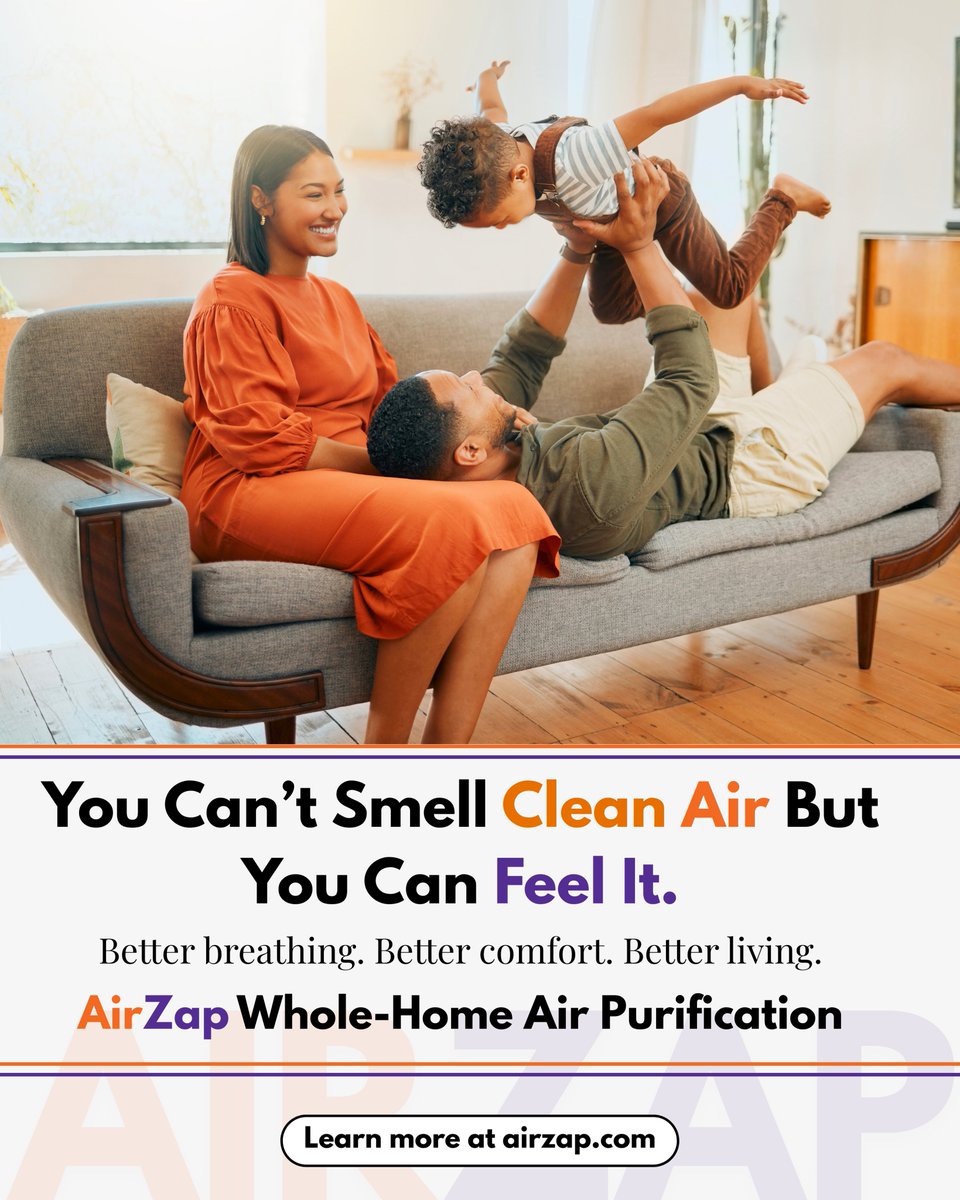 Airzapp's tweet photo. You can’t smell clean air, but you can feel it.
Better breathing. Better comfort. Better living.
AirZap whole-home air purification for healthier spaces.

#IndoorAirQuality #CleanAir #HVAC #HealthyHomes #AirZap https://t.co/UkacbAgCvD