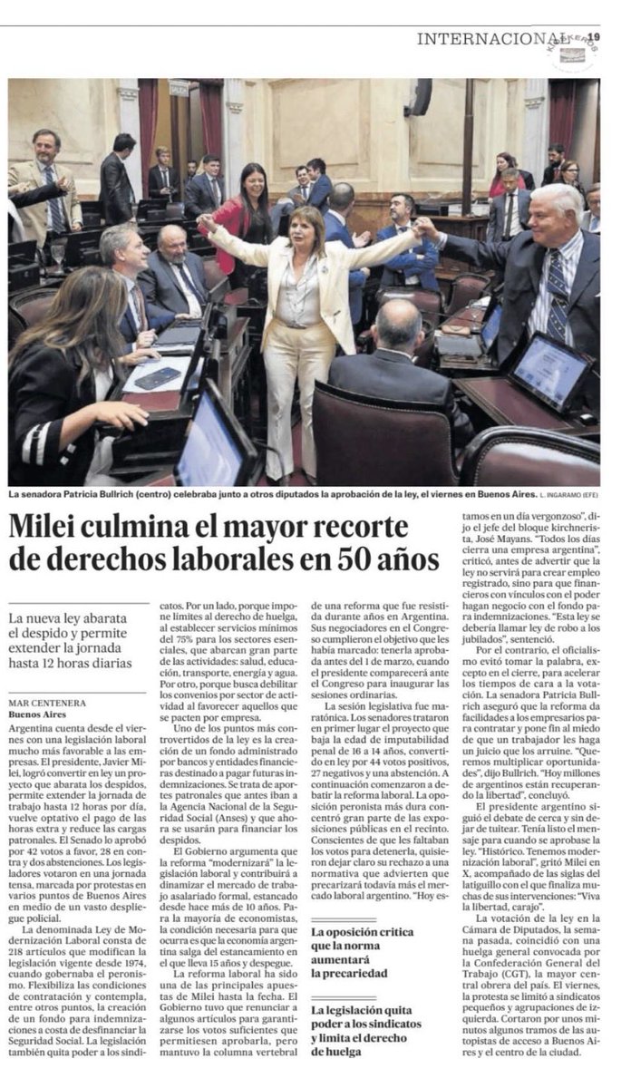 Milei culmina el mayor recorte de derechos laborales en 50 años: abarata el despido, extiende la jornada a 12 horas diarias, recorta el derecho de huelga, precariza..
Nos lo recordaba Dolores Fonzi en los #Goyas2026 “No caigan en la trampa, la ultraderecha vino a destruirlo todo“