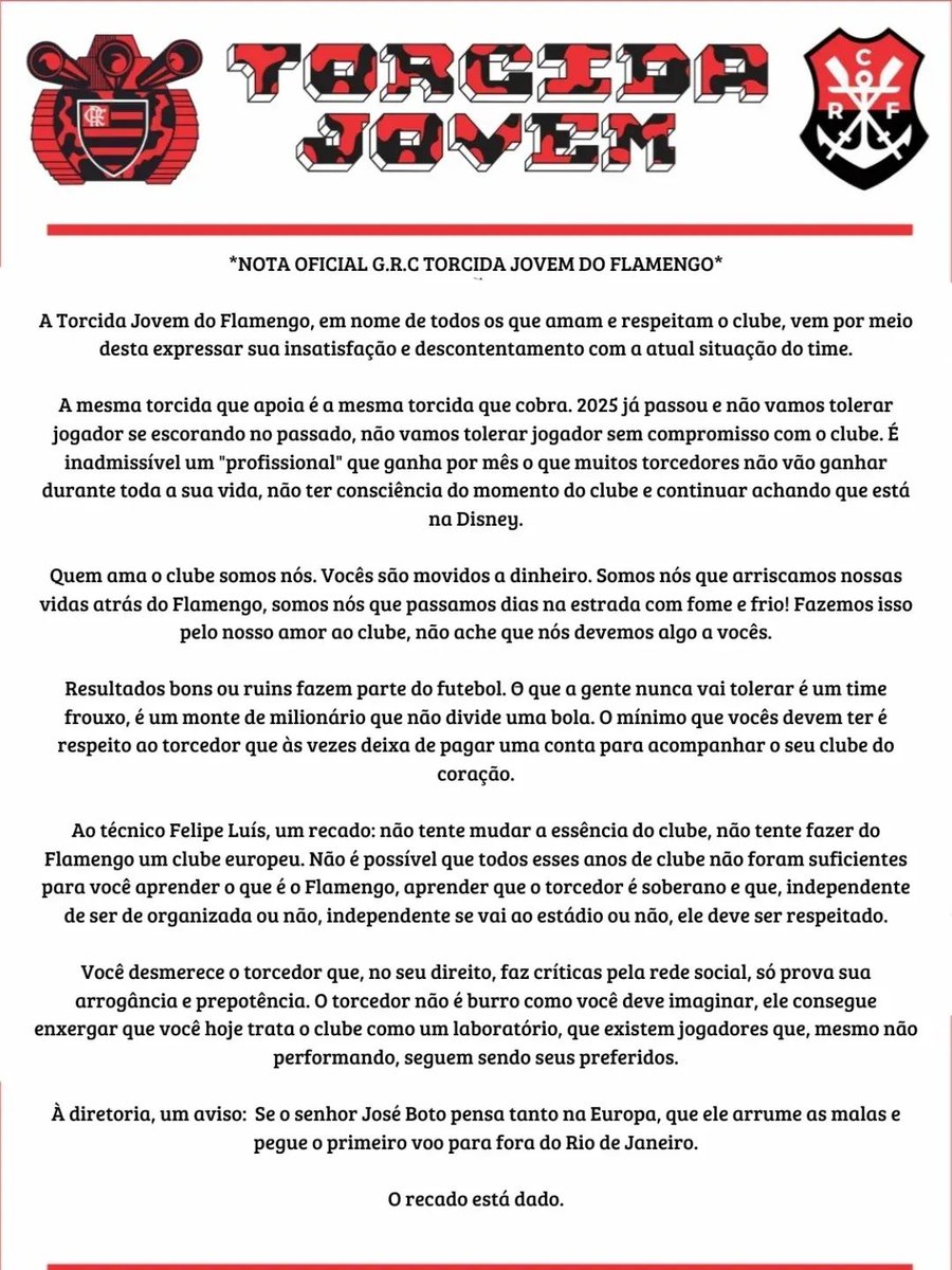 *NOTA OFICIAL DO G.R.C TORCIDA JOVEM DO FLAMENGO*

A Torcida Jovem do Flamengo, em nome de todos os que amam e respeitam o clube, vem por meio desta expressar sua insatisfação e descontentamento com a atual situação do time.
(+)