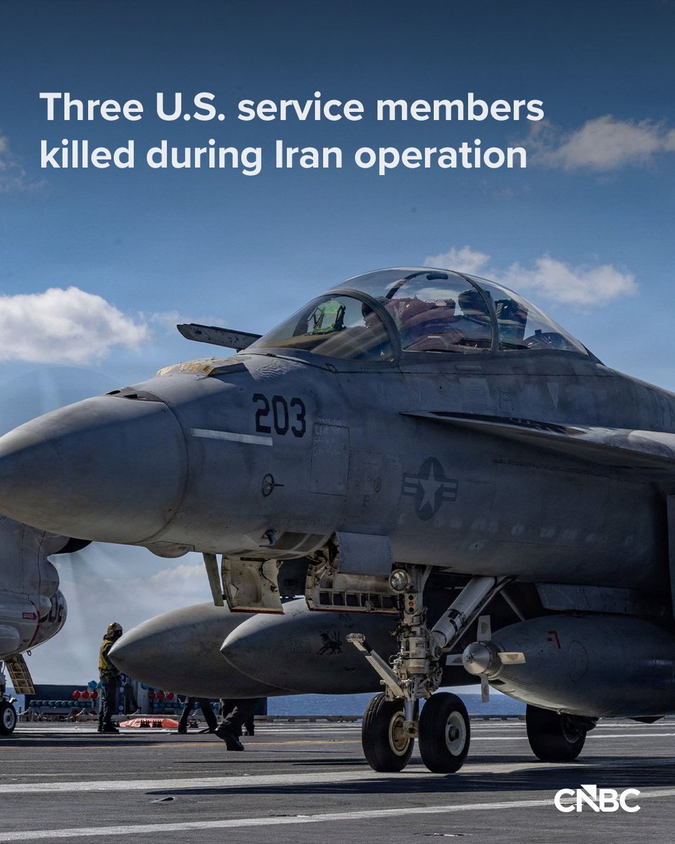 CNBC's tweet photo. Three U.S. soldiers have been killed in the U.S.-Israeli military operation in Iran that killed the country’s leader on Saturday, according to the U.S. Central Command. The deaths are the first known U.S. casualties of the combat, which began early Saturday. https://t.co/m6Igc5QWUe
