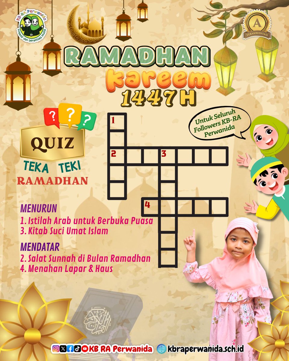 Assalamu'alaikum
Hai Followers Setia Perwanida
Yuk ikutan Kuis TTR (Teka Teki Ramadhan)🥳
Tulis jawabanmu di kolom komentar yaa🤗

Share ke teman, saudaramu yang mau ikutan
Jangan lupa Follow dulu semua akun sosmed Perwanida‼️
Semangat🥰

#kbraperwanida #kuisramadhan #quiz #kuis
