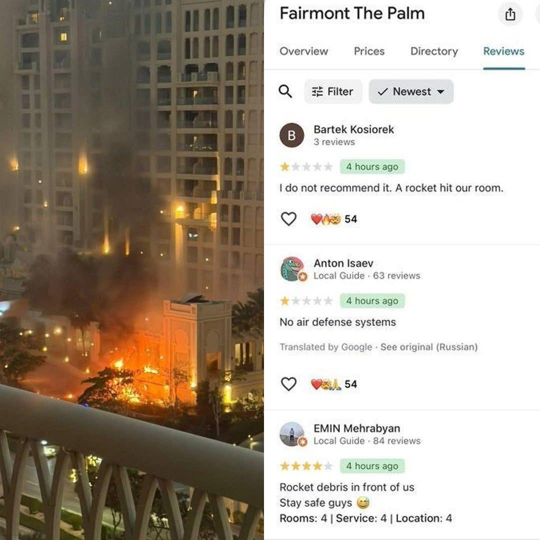A famous hotel in Dubai received a floor 1 star reviews after a missile landed outside their room while they were sleeping :V
