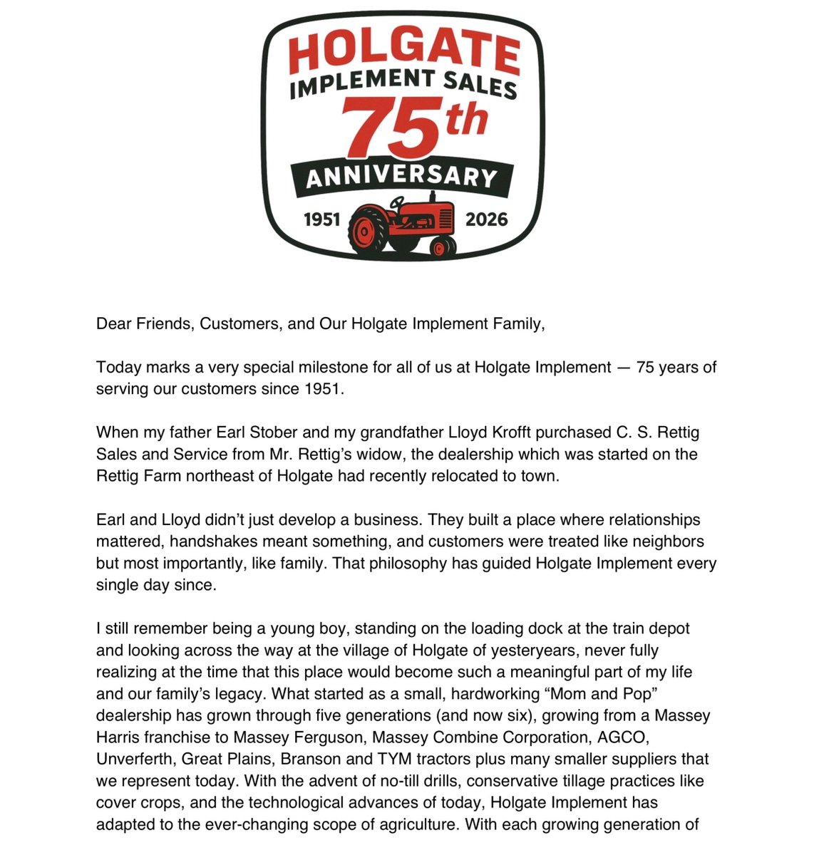 HolgateImpSales's tweet photo. Dear Friends, Customers, and Our Holgate Implement Family,

Today marks a very special milestone for all of us at Holgate Implement….75 years of serving our customers….since 1951.

See the attached letter from our President, Jeff Stober. https://t.co/l4iPZqWr3K