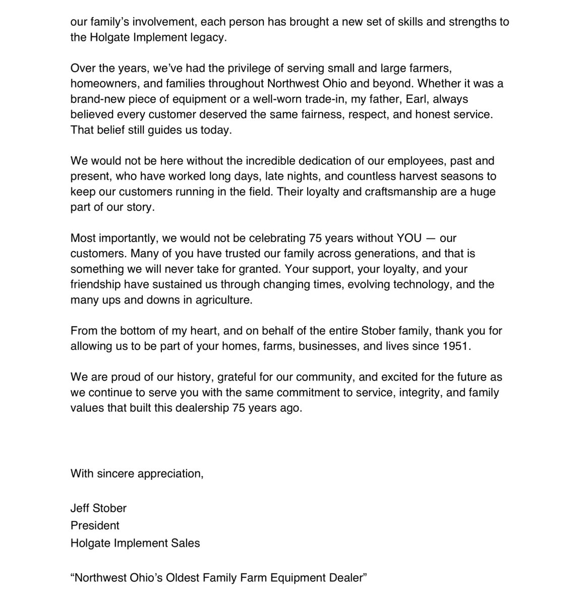 HolgateImpSales's tweet photo. Dear Friends, Customers, and Our Holgate Implement Family,

Today marks a very special milestone for all of us at Holgate Implement….75 years of serving our customers….since 1951.

See the attached letter from our President, Jeff Stober. https://t.co/l4iPZqWr3K