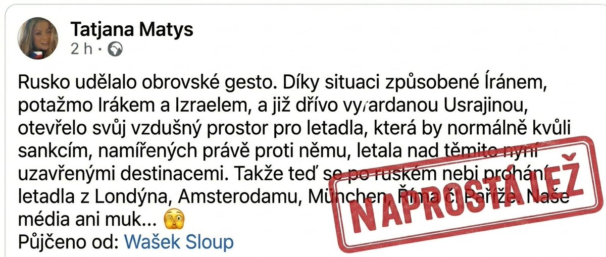 Dezinformátoři na Facebooku se zase překonávají. 🤦‍♀️ Ne, Rusko opravdu neudělalo žádné „obrovské gesto“ a neotevřelo svůj vzdušný prostor západním letadlům.