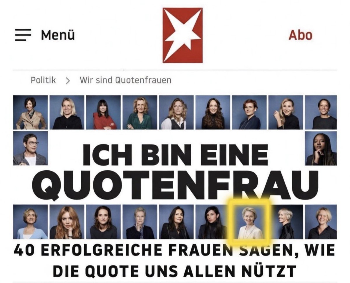 DIESE FRAU hat schon als

▪️Familienministerin,
▪️Arbeitsministerin und
▪️Verteidigungsministerin

versagt. Nun fährt sie die EU vor die Wand.

VdL ist das CDU-Pendant zu Baerbock: trotz Versagens fällt sie weiter die Treppe hoch. 

Ihre wesentliche Qualifikation: „Quotenfrau“.