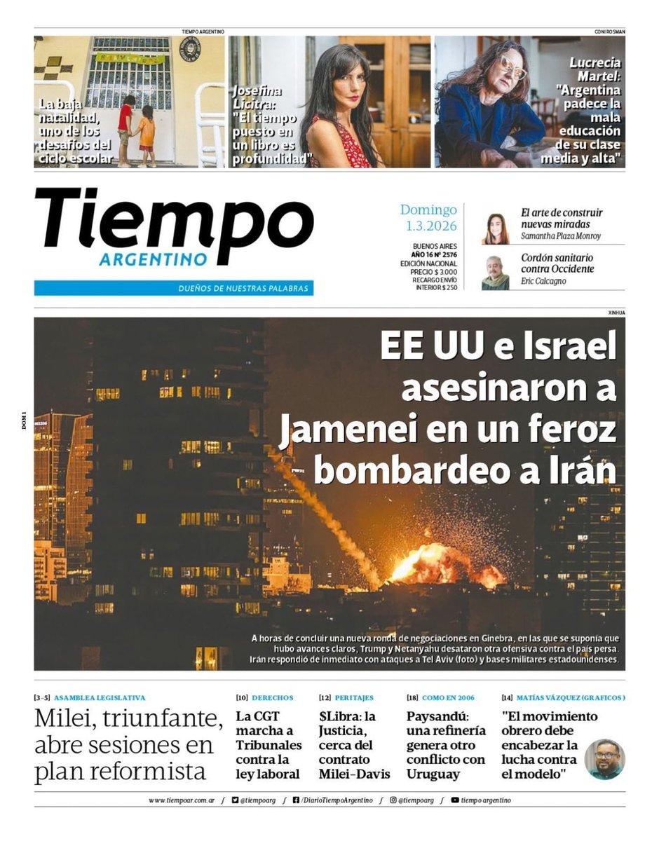 Lea #TiempoArgentino y no se pierda bombazo alguno del World War Tour 2026! De Tel-Aviv a Teherán, de Caracas a La Habana! En Occidente un genocidio y una Isla de Epstein no se le niegan a nadie (con guita)! Pertenecer tiene privilegios!