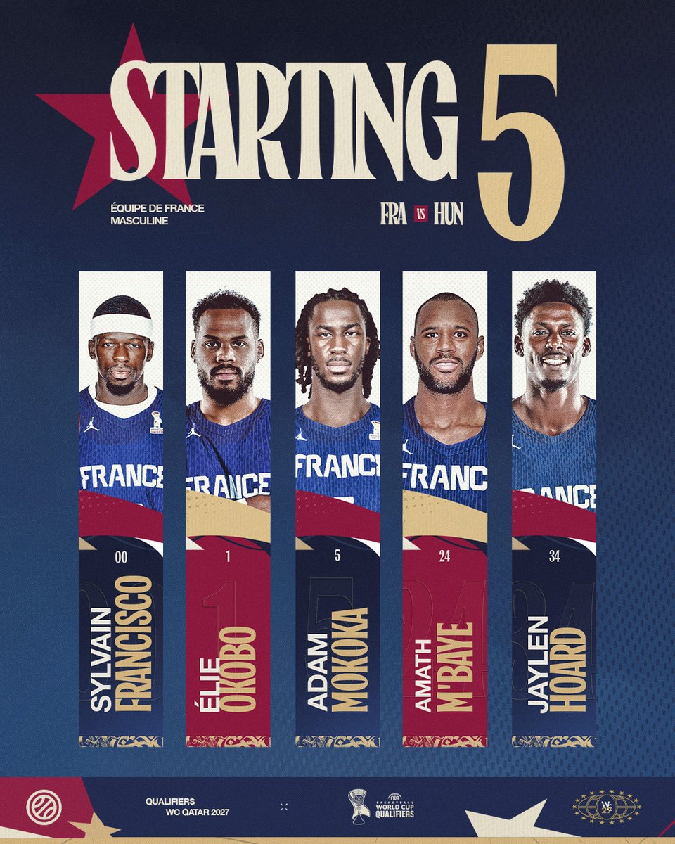 FRABasketball's tweet image. Le 5 majeur de L'Équipe de France 🆚 la Hongrie !

🔵 Sylvain Francisco
🔵 Elie Okobo
🔵 Adam Mokoka
🔵 Amath M'Baye
🔵 Jaylen Hoard

Suivez le match 🇫🇷🆚🇭🇺 en direct sur @beinsports_FR 1 📺

#TeamFranceBasket #PassionnémentBleu #FIBAWC #FRAHUN