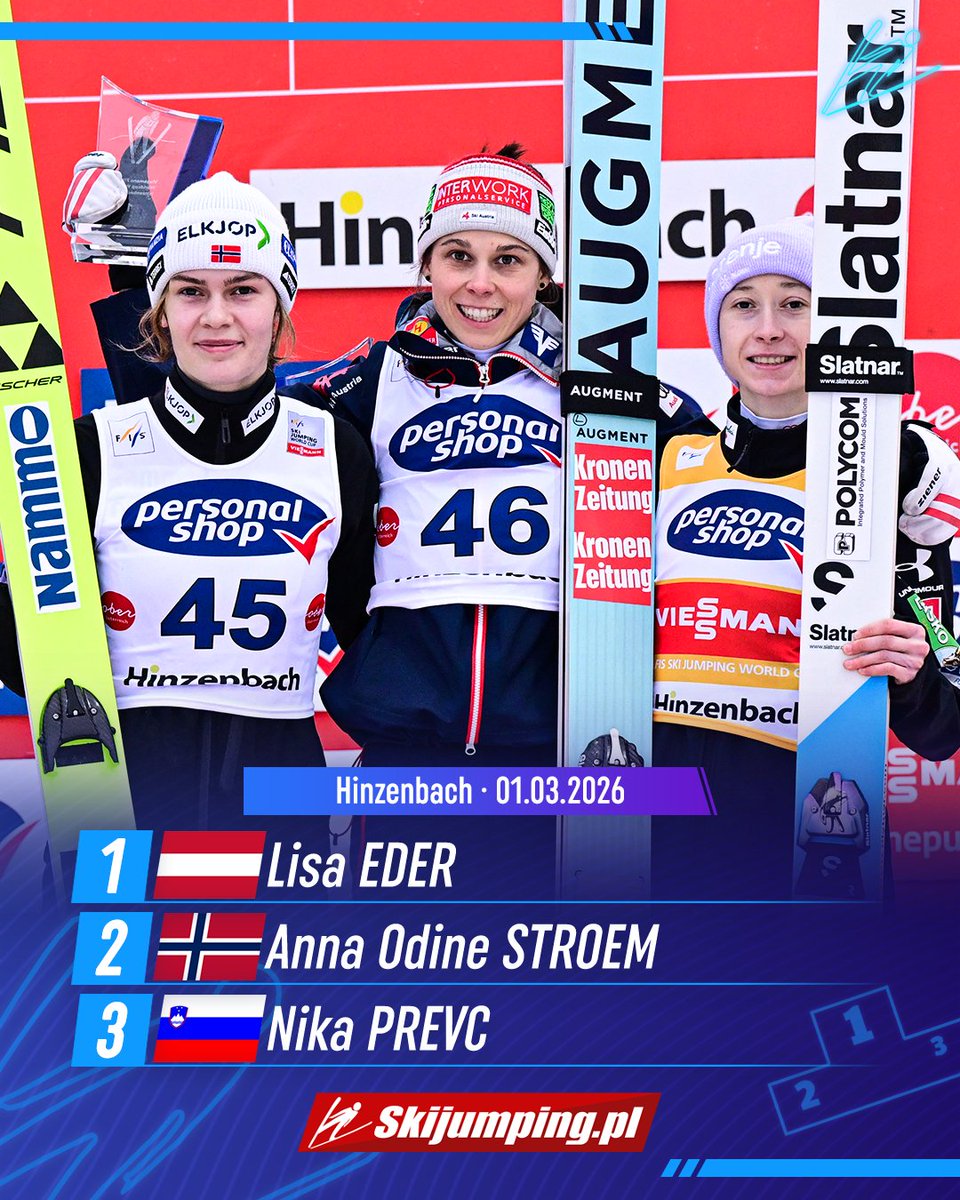 Skijumpingpl's tweet image. TOP3 - WC #Hinzenbach Ladies 01.03.2026:

1. 🇦🇹Lisa #Eder
2. 🇳🇴Anna Odine #Stroem
3. 🇸🇮Nika #Prevc

Congratulations! #skijumpingfamily