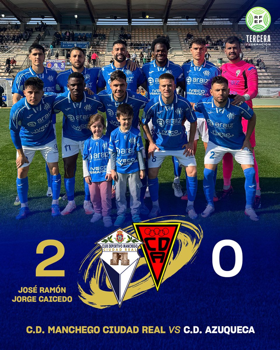 CDManchegoCReal's tweet photo. ➕3️⃣ ¡Victoria mancheguista ante el @CDAzuqueca en el Poli!

⚽ José Ramón (23´) y Jorge Caicedo (91´)

#AupaManchego 💙🤍 https://t.co/RzOY0js6uX