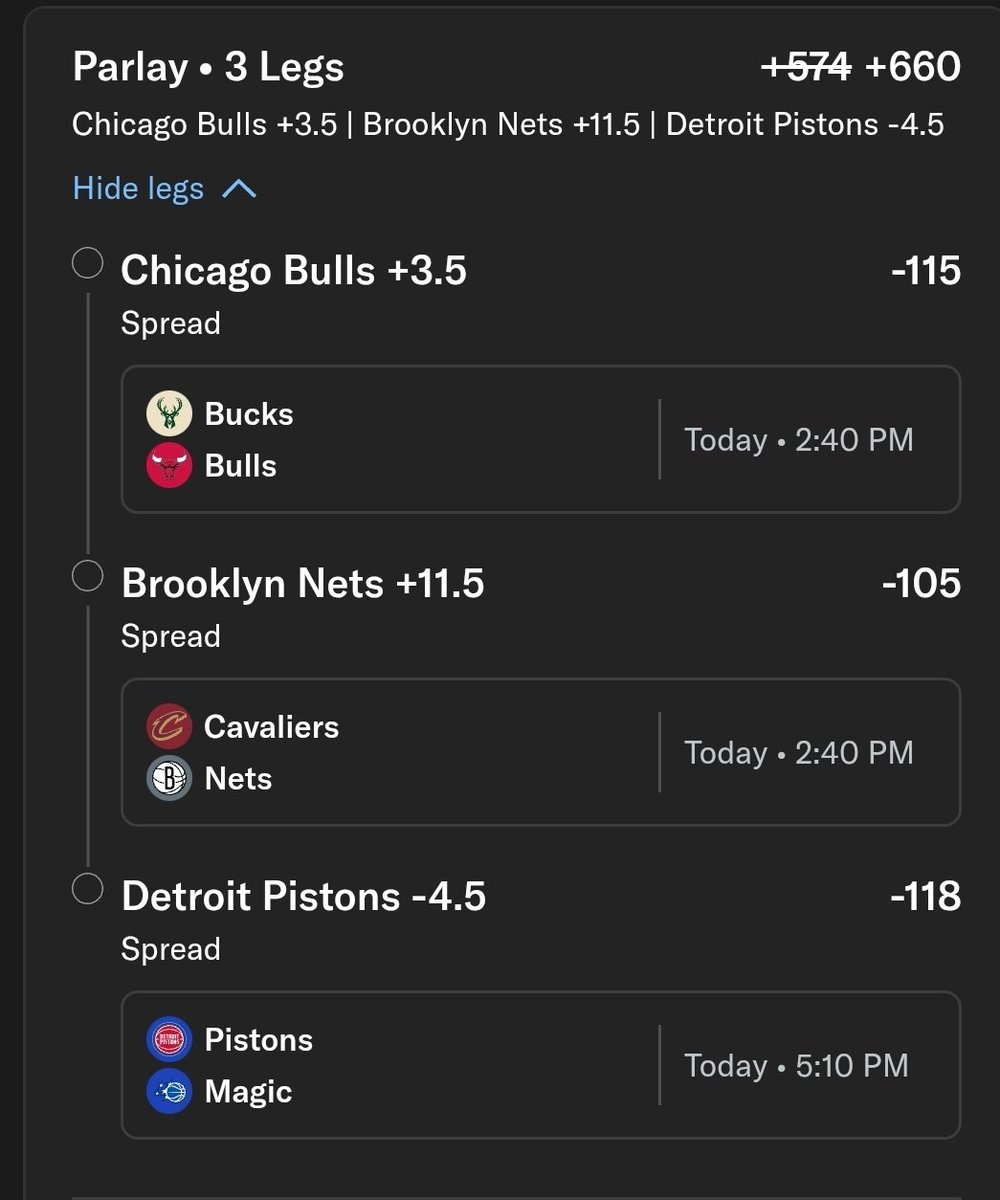 Here is a parlay I'm playing
(.25u).  Also playing each leg individually at 1u each.  Bet small if tailing.
Bulls +3.5
Nets +11.5
Pistons -4.5
#NBAPicks