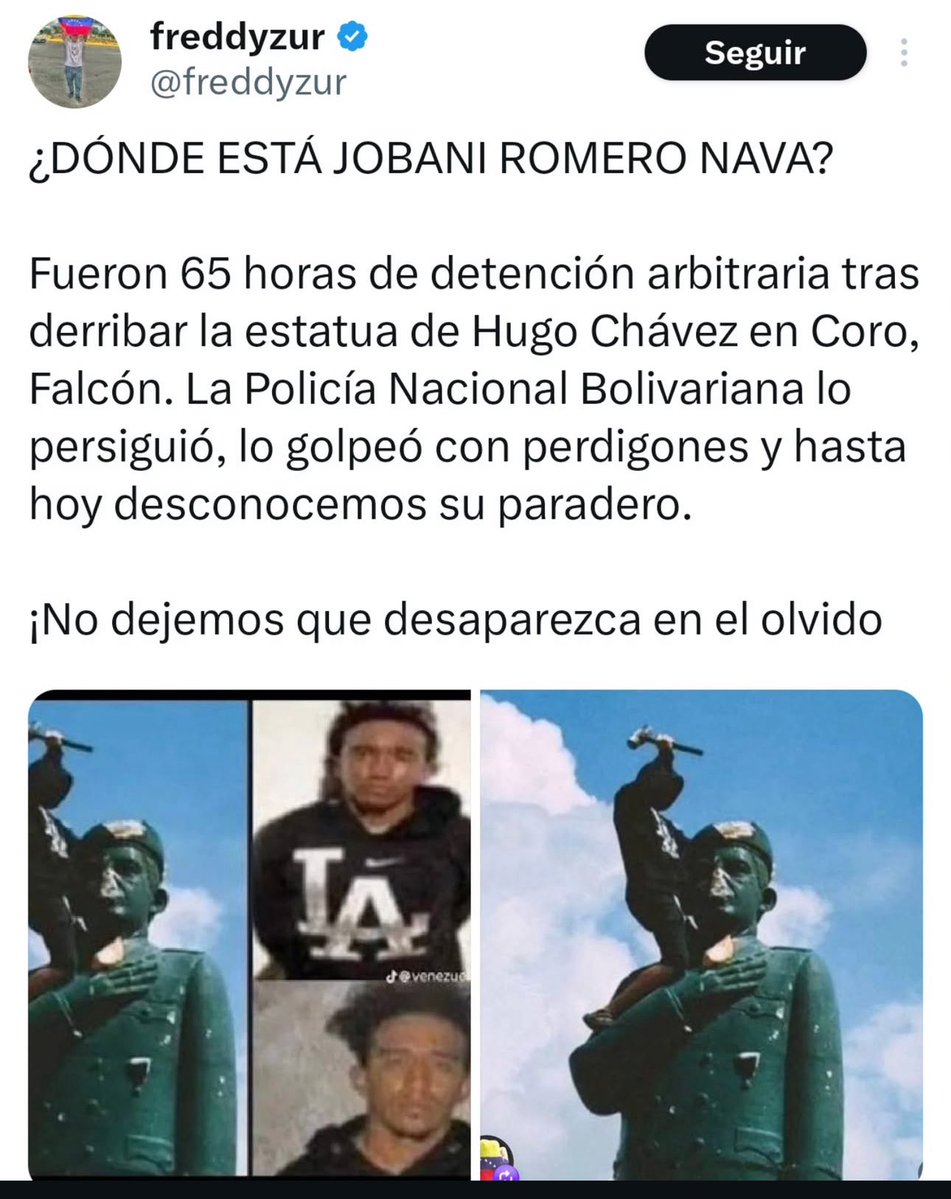 Vamos a levantar la voz por este chico, cuya imagen dio la vuelta al mundo, simbolizando la libertad! 
#DondeEstaJobaniRomeroNava 
#LibertadParaTodosLosPresosPoliticos
