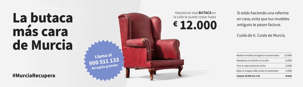 Si necesitas deshacerte de muebles o enseres voluminosos, tienes disponible el servicio gratuito de
<a href="/mucsostenible/">Murcia Ciudad Sostenible</a> 
Llama al 900 511 133 o rellena el formulario 👇murciaciudadsostenible.es/recogida-de-en…
Mantener #Murcia limpia es cosa de todos.
🚮¡Colabora!
