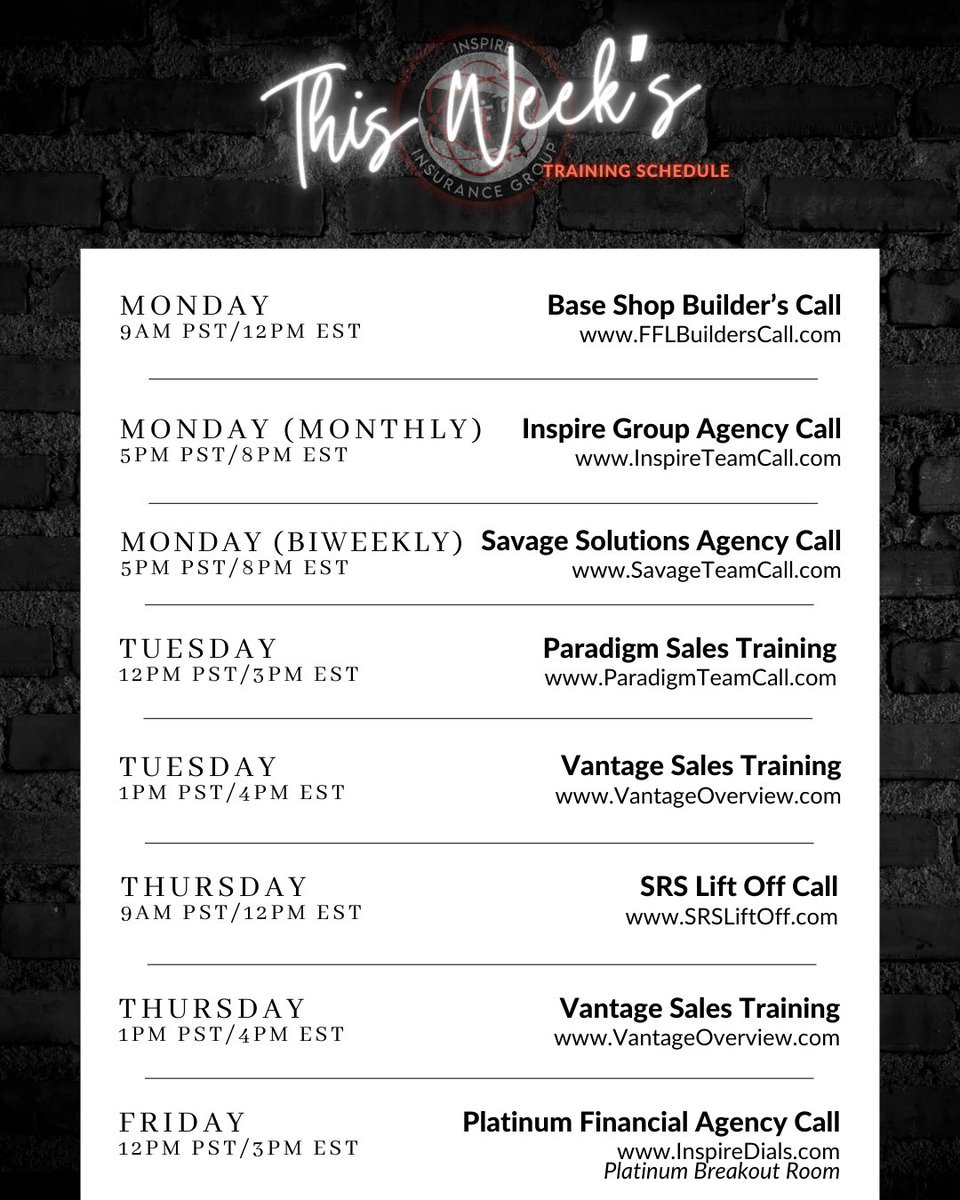 Check out this week's training call schedule! REMINDER: There is NO team call this week. Inspire Group's next agency call will be on March 9th! 

#ffl #familyfirstlife #lifeinsurance #sales #inspiregroup