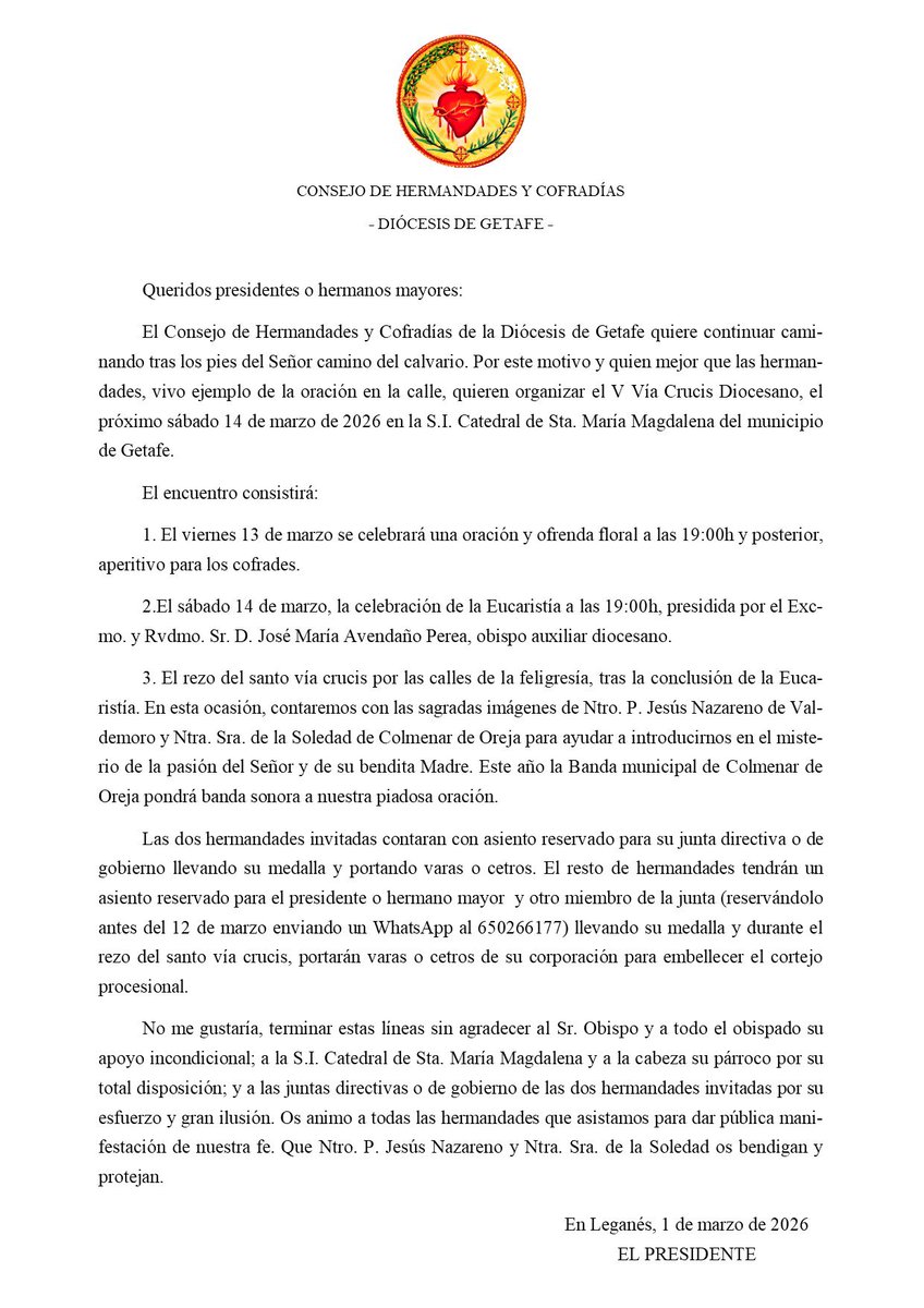 SSepulcroValde's tweet photo. Con gran ilusión os presentamos el cartel realizado por el Consejo Diocesano de Hermandades de Getafe, anunciando nuestra participación en el V Vía Crucis Diocesano, presidido por nuestro sagrado titular Ntro. P. Jesús Nazareno y de Ntra. Sra. de la Soledad de Colmenar de Oreja. https://t.co/sPyGTcgKJC