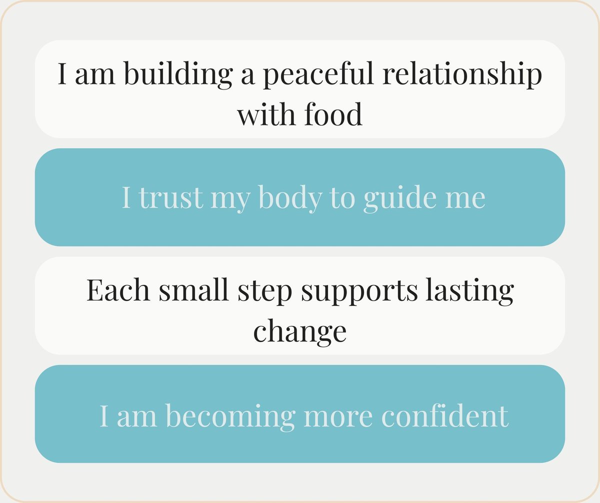 Affirmations aren’t fluff instead they rewire your inner voice.

Try one today:
✨ I trust my body to guide me
✨ I’m building a peaceful relationship with food
✨ Each small step supports lasting change

Your brain is always listening. Make sure it hears something kind 💛
