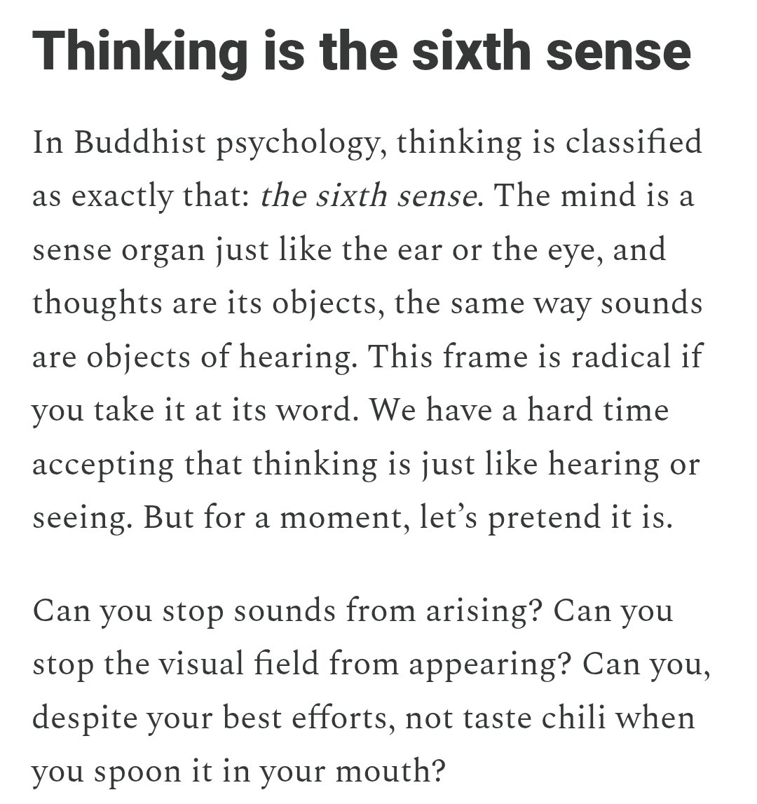Extremely good essay by <a href="/oloal/">Alex Olshonsky</a> - thinking as the sixth sense mirrors an insight I gained working with <a href="/Plus3Happiness/">Michael systematizes 9/10 Life Satisfaction</a> that's provided me much release of suffering. We don't take ownership of what images show up on our retinas, neither should we see all thoughts as "ours"
