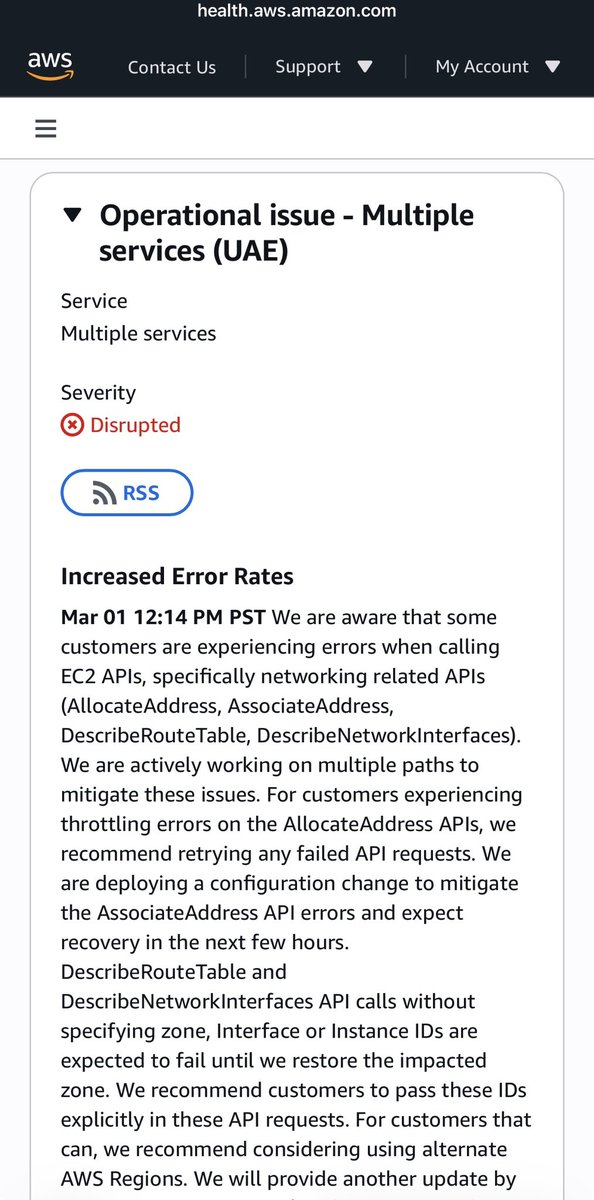 🚨 BREAKING: AMAZON AWS DATA CENTER BOMBED IN UAE

>iran launched retaliatory missile and drone strikes on uae
>strikes hit airports, ports, residential areas
>amazon’s main Middle East data center hit
>ME-CENTRAL-1 just went fully offline 

WTF 💀