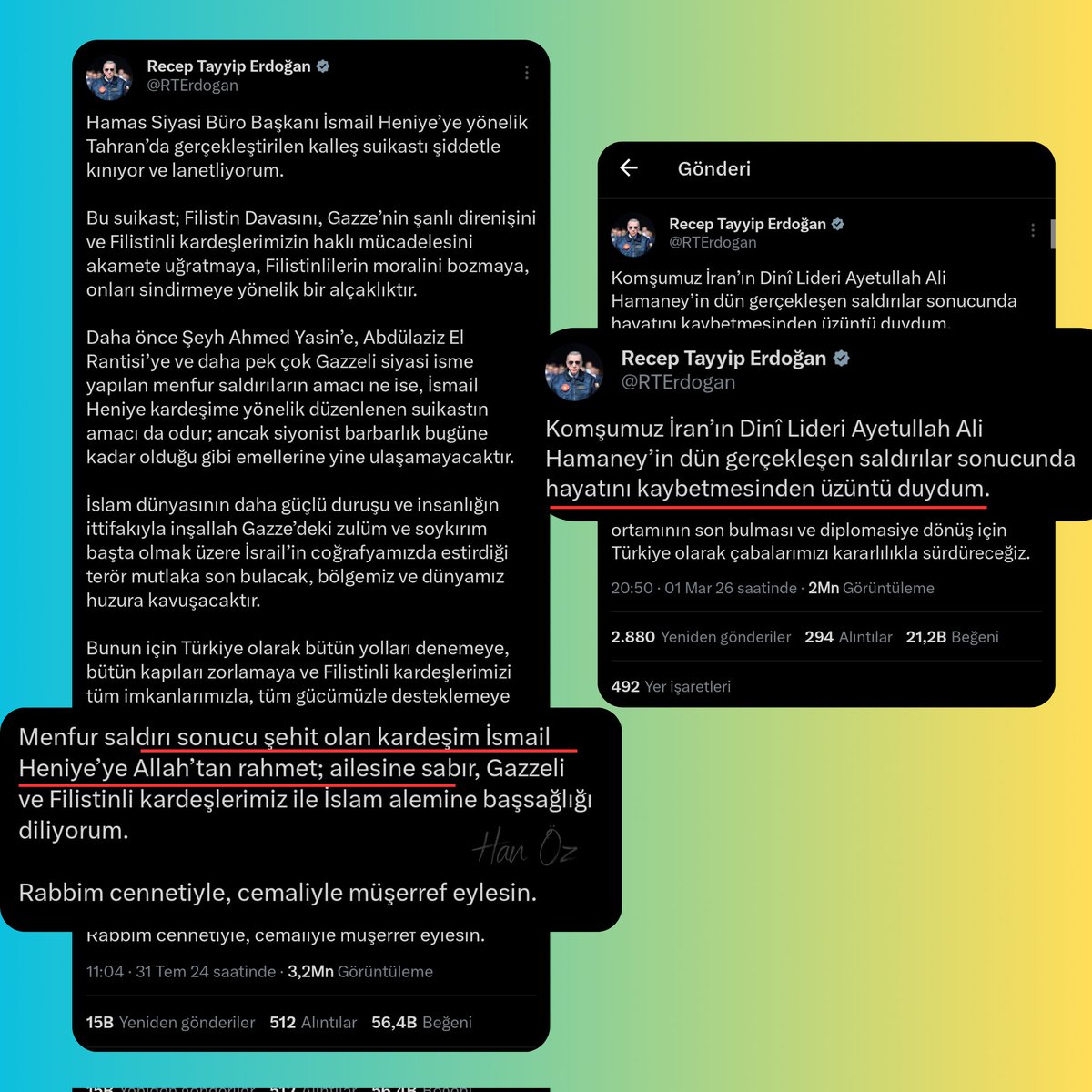 Cumhurbaşkanı Recep Tayyip Erdoğan'ın Hamas lideri İsmail Haniyye ve İran'ın dini lideri Hamaney için attığı taziye mesajları.

Aradaki fark size neyi anlatıyor?