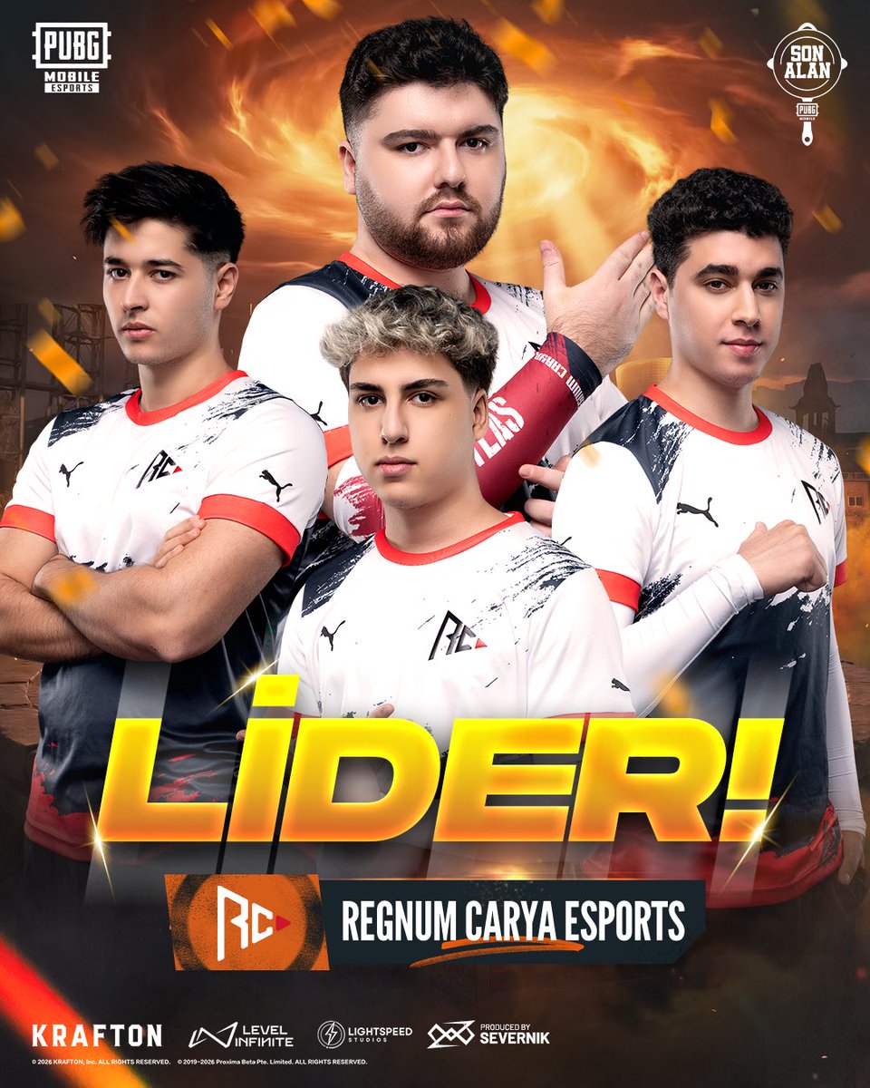 pubgm_espor_tr's tweet photo. 2026 SON ALAN 1. SEZON LİDERİ REGNUM CARYA ESPORTS! 🔥
Üç günlük mücadelenin ardından en etkili oyunu ortaya koyan Regnum Carya Esports, turnuvayı lider olarak tamamlıyor! 🥳
#PUBGMOBILE #SONALAN https://t.co/2gMamEocj8