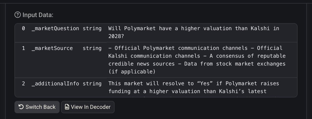 On <a href="/Trueo_app/">Trueo</a>:

- The event contract rules are embedded onchain as strings (easily readable through <a href="/etherscan/">etherscan.eth</a>)

- Positions are tradable on <a href="/Uniswap/">Uniswap Labs 🦄</a> through our custom V4 hook

The benefit of being fully-onchain is that users get strong walk-away guarantees for all their bets.