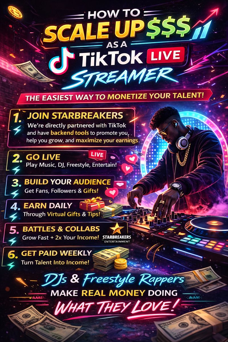 LitInVegas's tweet photo. 🎧🎤 DJs & Freestyle Rappers — this is the easiest way to monetize your talent right now.

TikTok LIVE has become the new stage.

You don’t need a label.
You don’t need millions of followers.
You just need talent, consistency, and the right backend team.

At Starbreakers, we’re directly partnered with TikTok and help creators:

🔥 Get discovered faster
📈 Grow their audience strategically
💰 Turn LIVE sessions into real income
🚀 Scale from streaming for fun → streaming with purpose

If you can DJ, freestyle, entertain, or hold a vibe — you already have what you need.

Now it’s about turning attention into income.

📩 DM us to join Starbreakers Agency
or email Derek@StarbreakersEntertainment.com

#RappersWanted #SingersWanted #CreatorsWanted #MusicOpportunities #RapPromo #FreestyleRapper