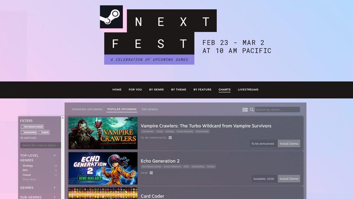 cococucumberco's tweet image. Whoa! Echo Generation 2 is second! 👀 Right underneath Vampire Crawlers in "Popular Upcoming" for turn-based combat and deckbuilding in #SteamNextFest

Play the demo + wishlist ✨
store.steampowered.com/app/1115990/Ec…

#turnbased #deckbuilding #EchoGeneration2