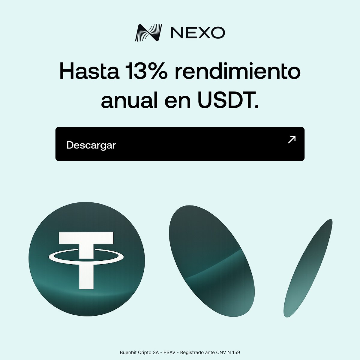 Nexo's tweet photo. Hacé que tus USDT trabajen para vos.

Descargá Nexo y accedé a una plataforma global de activos digitales donde podés:

• Generar hasta 13% anual en USDT
• Comprar y vender criptomonedas
• Gestionar tus activos desde una sola app
• Acceder al mercado cripto cuando quieras