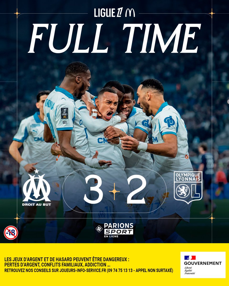 ⏱️ 90+9’ | #OMOL 3️⃣-2️⃣

𝐕𝐈𝐂𝐓𝐎𝐈𝐑𝐄 ✅💪

Grâce à un but de 𝗣𝗶𝗲𝗿𝗿𝗲-𝗘𝗺𝗲𝗿𝗶𝗰𝗸 𝗔𝘂𝗯𝗮𝗺𝗲𝘆𝗮𝗻𝗴 🇬🇦 en toute fin de partie, l’OM s’impose au caractère face à Lyon !!!! 💪

Quel match !! 𝗕𝗿𝗮𝘃𝗼 𝗺𝗲𝘀𝘀𝗶𝗲𝘂𝗿𝘀 👏😍