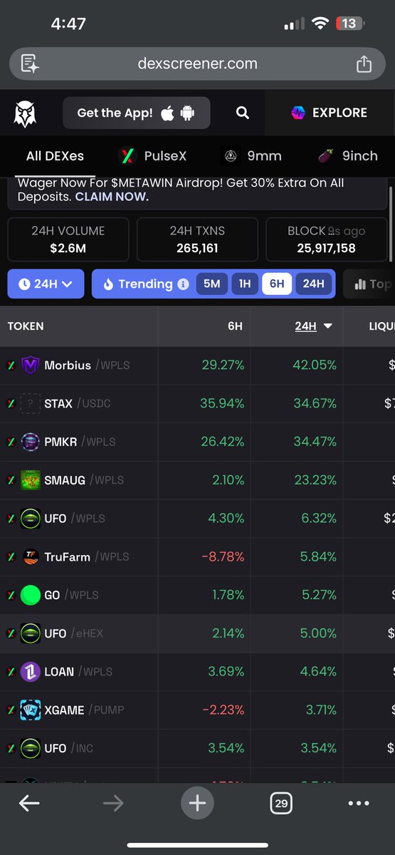 Morbius is making a habit of taking that #1 spot on Dexscreener 💪

Remember when the last gaming platform on #Pulsechain went to $10 million marketcap before it even had a game on it? 

Well after this upcoming update, Morbius will have 4 fully functional games with better UI