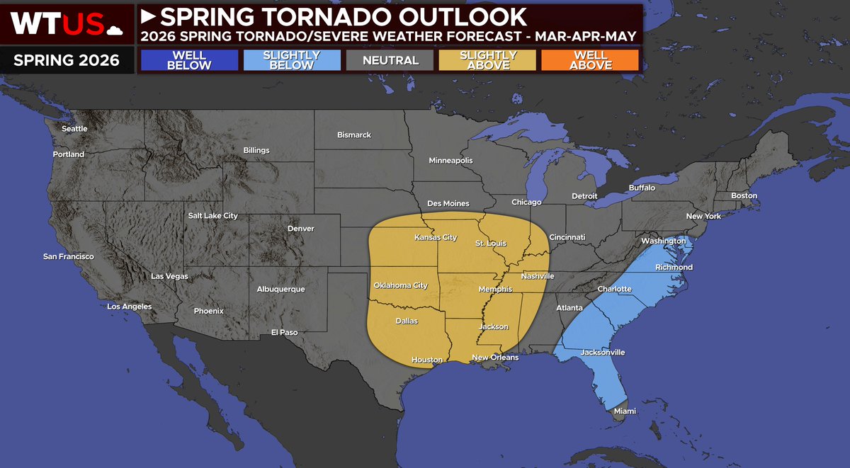 Here's our Spring (March-April-May) 2026 Tornado &amp; Severe Weather Outlook!

We're depicting slightly-above average activity across parts of the Plains, Mississippi Valley, and into the Ohio River &amp; Mid-South, while slightly below-average activity may be present across much of the