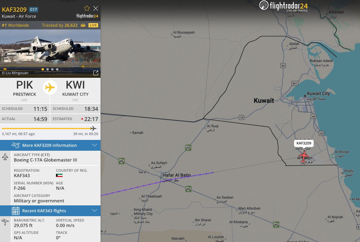 alternativewip's tweet photo. #Kuwait #KuwaitAirForce kuwait air force C-17A globemaster coming in for approach and landing at kuwait city, long flight from prestwick scotland - on a side note this aircraft has a stunning livery. #KAF3209 #KAF343 https://t.co/uDrHpLA5m8