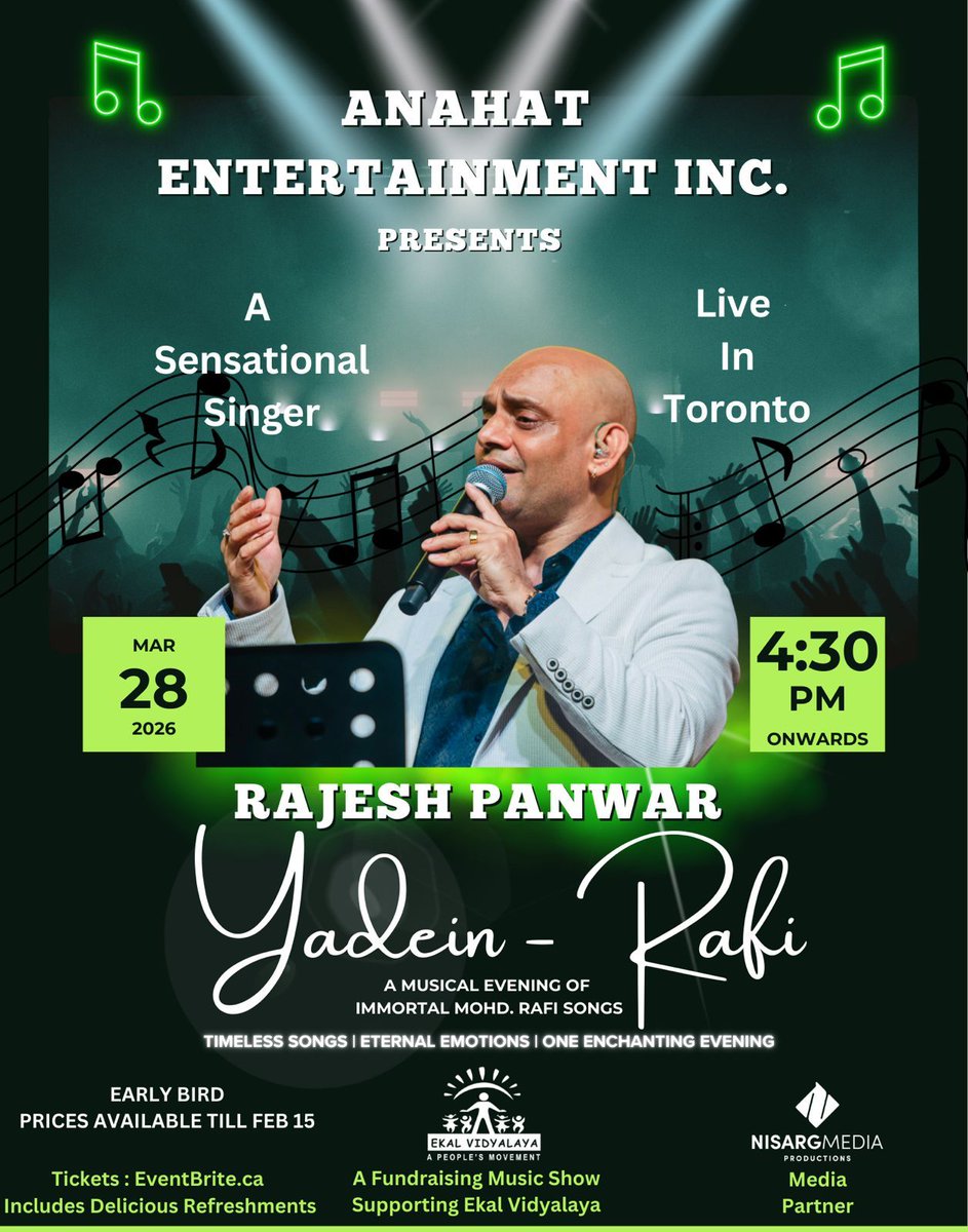 EKAL_CANADA's tweet photo. 27 DAYS TO GO !!
An enchanting night of classic melodies from music’s golden era. A fundraising musical evening supporting Ekal Vidyalaya Foundation of Canada in Brampton, Ontario #IndiaGivingDay #EkalVidyalaya https://t.co/6GHmjyHjpY