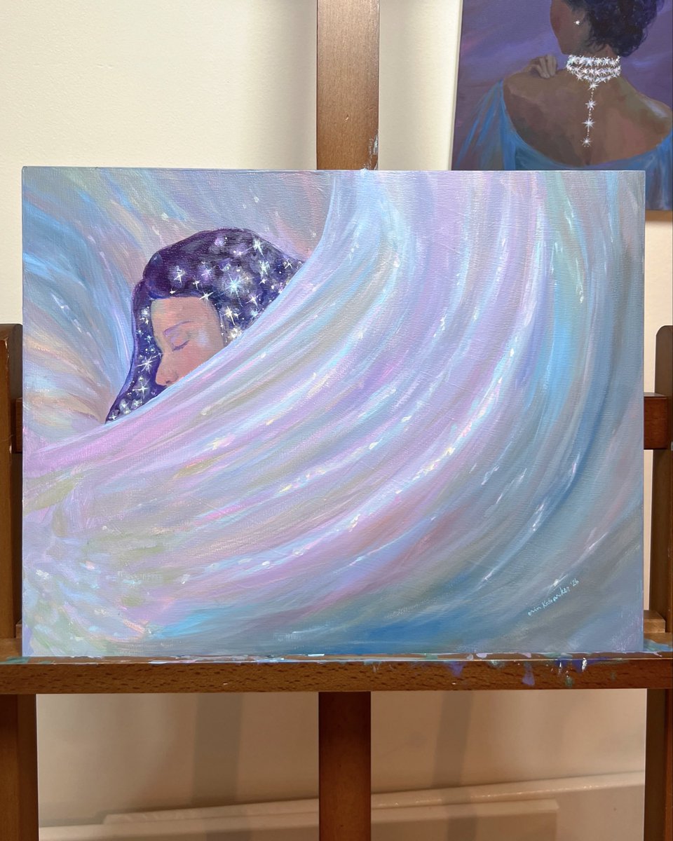 erinkatearcher's tweet photo. “Come. It’s morning.
Let me brush the stars
From your hair”

Sappho to Erinna, Noelle Kocot

'brush the stars from your hair' 14x11" painted in acrylic on panel.

#womanartist #traditionalart #whimsical #ethereal #pearl https://t.co/POXEgMDDZI