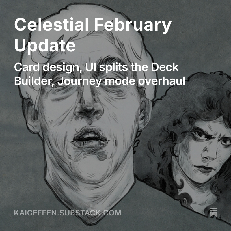 kai_geffen's tweet photo. Another month of development recapped!
Includes a video describing why I work on Celestial, redesigns for the card art, UI, and more! https://t.co/Ee5PE0bpID