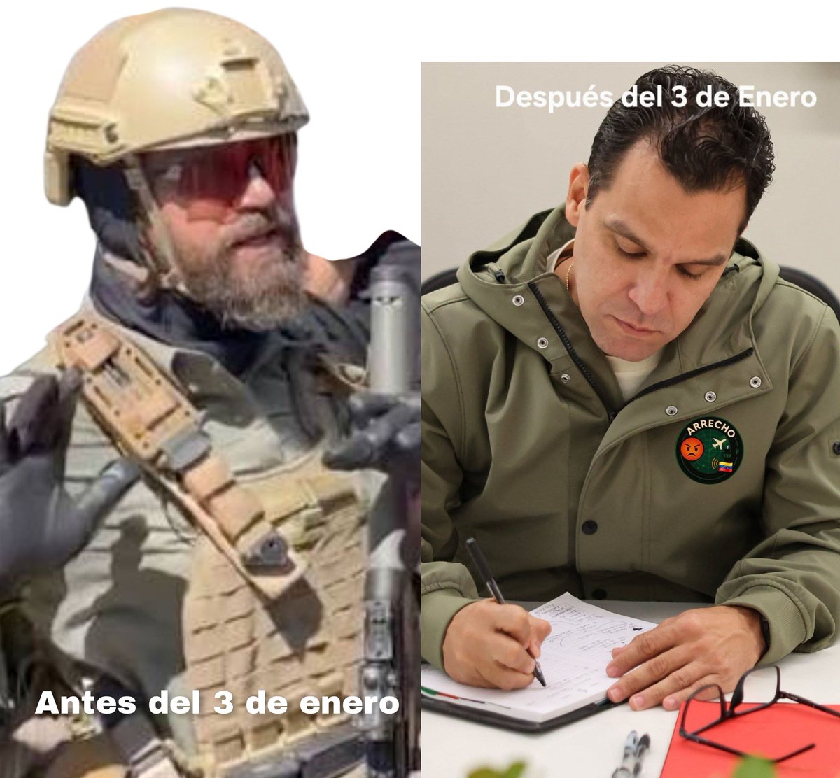 El antes y después del Alexander Granko Arteaga, quien ahora pretende quitándose la barba y cortándose el pelo, y dejar de aparecer como un "rambo" (contra los indefensos venezolanos) y mostrarse como funcionario de escritorio. Granko Arteaga es una escoria. Violador de derechos