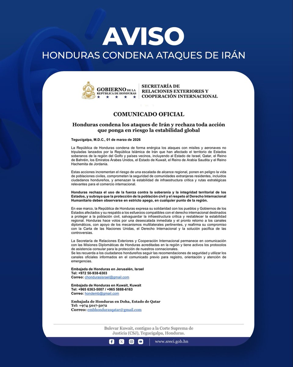 𝗖𝗼𝗺𝘂𝗻𝗶𝗰𝗮𝗱𝗼 𝗢𝗳𝗶𝗰𝗶𝗮𝗹

🇭🇳| 𝗟𝗮 𝗥𝗲𝗽ú𝗯𝗹𝗶𝗰𝗮 𝗱𝗲 𝗛𝗼𝗻𝗱𝘂𝗿𝗮𝘀 𝗰𝗼𝗻𝗱𝗲𝗻𝗮 𝗱𝗲 𝗳𝗼𝗿𝗺𝗮 𝗲𝗻é𝗿𝗴𝗶𝗰𝗮 𝗹𝗼𝘀 𝗮𝘁𝗮𝗾𝘂𝗲𝘀 𝗰𝗼𝗻 𝗺𝗶𝘀𝗶𝗹𝗲𝘀 𝘆 𝗮𝗲𝗿𝗼𝗻𝗮𝘃𝗲𝘀 𝗻𝗼 𝘁𝗿𝗶𝗽𝘂𝗹𝗮𝗱𝗮𝘀 𝗹𝗮𝗻𝘇𝗮𝗱𝗼𝘀 𝗽𝗼𝗿 𝗹𝗮 𝗥𝗲𝗽ú𝗯𝗹𝗶𝗰𝗮