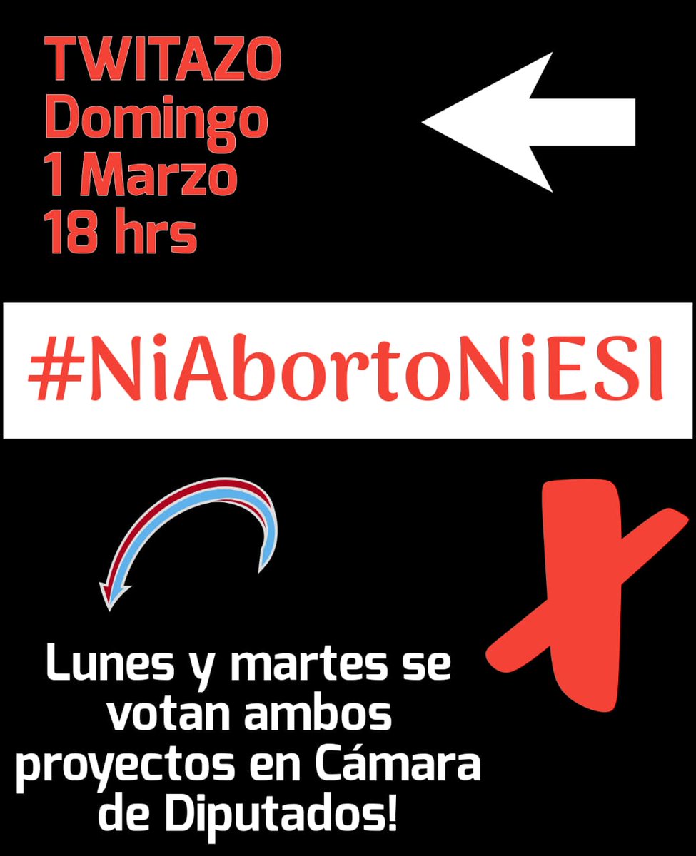 ATENCION !!

#UrgenteCOMPARTAN

DEFENSORES DE LOS NIÑOS !!

ENTRE GALLOS Y MEDIANOCHE ESTE NEFASTO GOBIERNO  NOS QUIERE DEJAR EL AMARRE CONTRA LA VIDA Y  LOS NIÑOS  !!

ABORTO LIBRE Y ESI !!

NO LO PODEMOS PERMITIR !

SUMATE CON #NiAbortoNiESI !!

QUE CORRA 🇨🇱