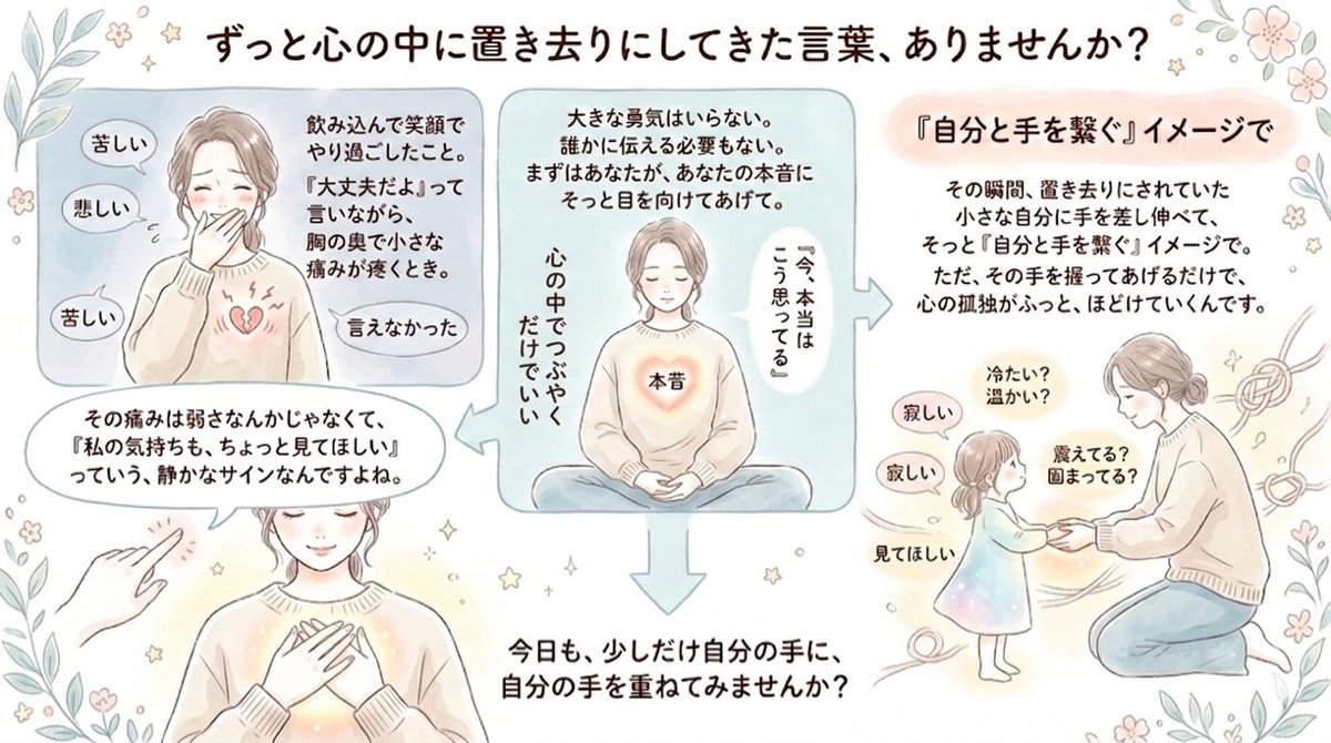 xwv821's tweet photo. 心の奥に、
まだ言葉にならない想いが
眠っていませんか？

あのとき、
本当は違う気持ちがあった。

でも飲み込んで、笑って、
その場を通り過ぎた。

優しい人ほど、
自分の声より
周りの空気を先に守ろうとする。

「大丈夫」と口にするたびに、
胸のどこかがひっそり痛む。
その痛みは
私の気持ちはここにいる
という、静かなサイン。

すぐ誰かに伝えなくていい。
うまく言葉にできなくていい。

ただ、あなた自身が
その声に気づいてあげること。

「今、本当はこう思ってる」
心の中でそっとつぶやく。

それだけで、いい。

ずっと置き去りにしてきた
小さな自分のそばに
ゆっくり近づいてみて
手をつないでみて🍀

その手は、冷たいですか。
あたたかいですか。

どんな温度でも、
ただ握ってあげるだけで
心の孤独は
少しずつ、ほどけていく。

今日もほんの少し、
自分の手に
自分の手を重ねてみませんか☺️