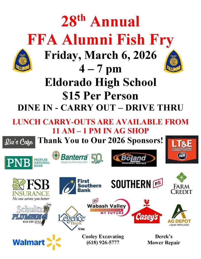 CodyCusic's tweet photo. FFA Fish Fry Reminder!

The 28th Annual FFA Alumni Fish Fry is this Friday, March 6 at Eldorado High School from 4–7 pm. $15 per person. Dine in, carry out, or drive thru!
Lunch carry-outs available 11 am–1 pm in the Ag Shop.

Come out and support our FFA program! https://t.co/p8TH8u7Udq