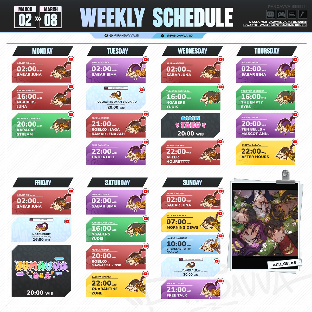 ꧁༺ 𝐖𝐞𝐞𝐤𝐥𝐲 𝐒𝐜𝐡𝐞𝐝𝐮𝐥𝐞 ༻꧂
:: 2 Maret - 8 Maret 2026 ::

█▓▒­░ 𝐇𝐚𝐬𝐡𝐭𝐚𝐠𝐬 ░▒▓█
⚔️ General: #PANDAVVA 
🎨 Art: #MEVVARNAI 
😂 Meme: #KETAVVA 
🖊️ AU/Fanfic: #PANDAVVRITES 
🎥 Clips: #PANDAVVACLIP
🥳 JUMAVVA: #JUMAVVA