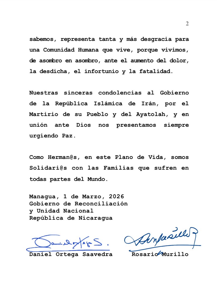 Nota de Prensa del Gobierno de Nicaragua, ante los trágicos acontecimientos que se vienen desencadenando en la República Islámica de Irán. 🇮🇷🇳🇮