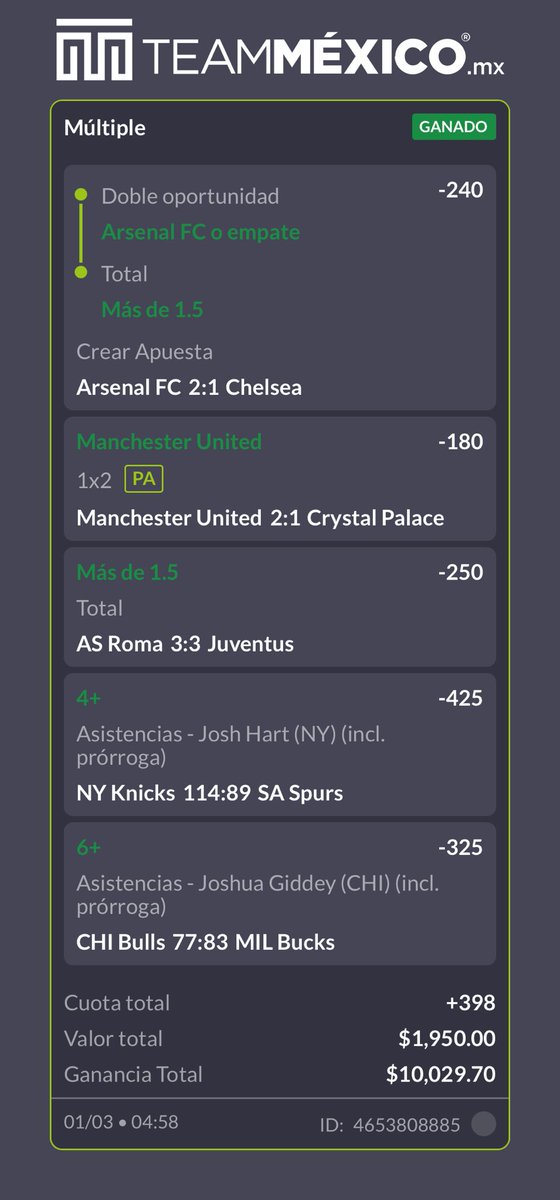 PRIMER PARLAY DEL MES ✅✅✅

Parlay +398 🫵✅

Que manera de comenzar el mes ganando se van 5 refiles de $300 solo tienes que dejar tu ❤️🔁💬
