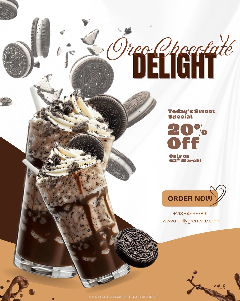 Limlimdesigner's tweet photo. Modern Oreo Chocolate Drink Instagram ad template 🍫🥤
Perfect for cafés, dessert shops, and sweet drink promotions
Template Link: https://t.co/8i3DeW7sYS
#graphicdesign #instagramtemplate #foodadvertising #chocolatedrink #milkshake #cafedesign https://t.co/Y185JidlZ0