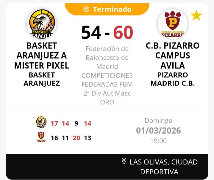 BasketAranjuez's tweet photo. Derrota del #SenMasc #MisterPixel frente a @CB_Pizarro. @Misako23: “Amarga derrota en casa. Los pequeños detalles hacen que no nos llevemos la victoria” https://t.co/PWA9DOmsca