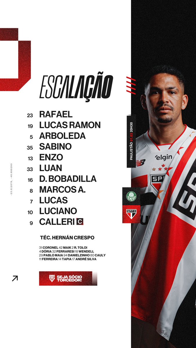 🚨📋 | 𝗘𝗦𝗖𝗔𝗟𝗔𝗗𝗢! 
Essa é a escalação do São Paulo para enfrentar o Palmeiras pelo Paulistão às 20:30

E aí, torcedor…
✅ Gostou da escalação?
❓ Quem vai decidir hoje?

Comenta aí embaixo 👇