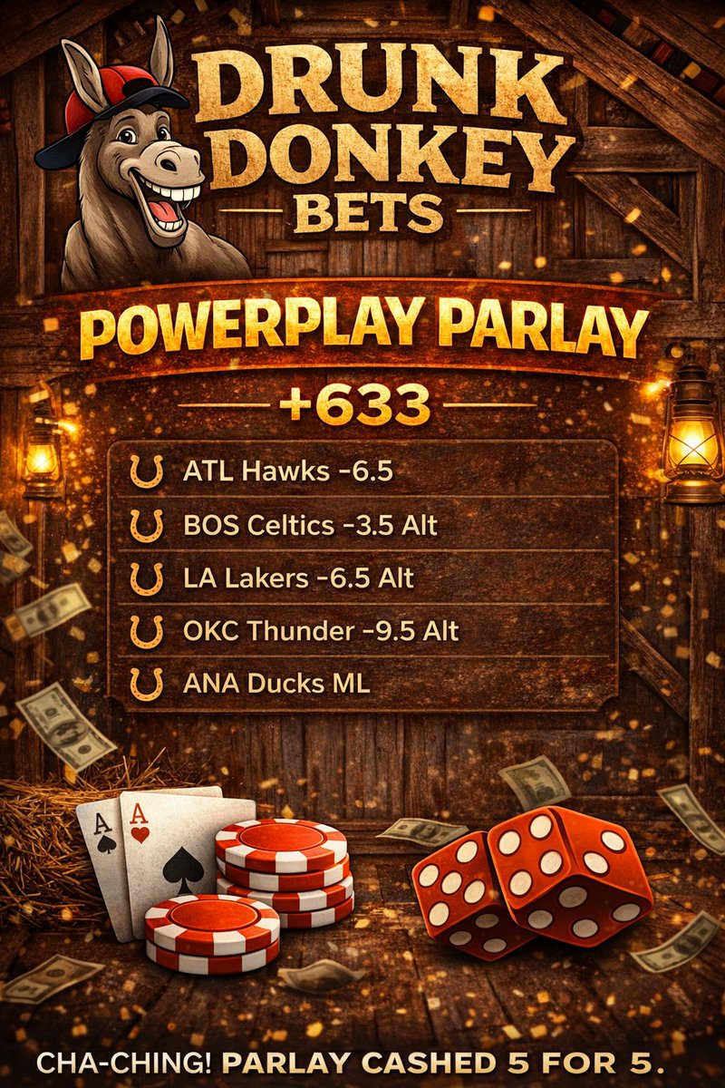 DDonkeyBetsOG's tweet photo. ⚡️🐴 POWERPLAY PARLAY 🐴⚡️
+633
ATL -6.5
BOS -3.5 (Alt)
LAL -6.5 (Alt)
OKC -9.5 (Alt)
ANA Ducks ML
Five legs.
Alternate spreads for value.
Cross-league balance.
Built smart. Paid big. 💰
#DrunkDonkeyBets #Powerplay #AltSpreads #NBAPicks #NHLBets #GamblingTwitter #ParlayLife https://t.co/QLXUe9KDfa