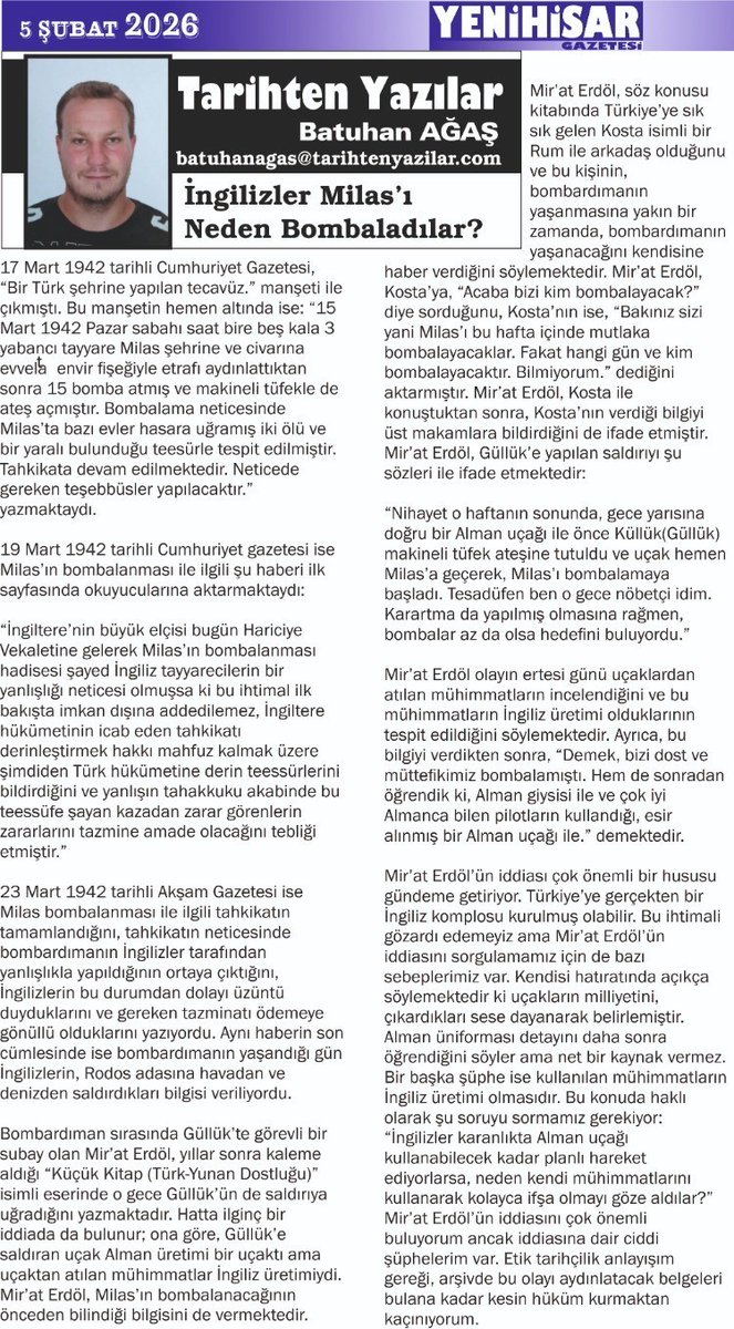 Batuhanagas's tweet photo. Aydın Yenihisar Gazetesi "İngilizler Milas'ı Neden Bombaladılar?" isimli makalem. https://t.co/5qY63PtIx2