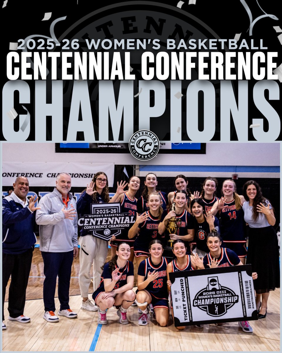 CentennialConf's tweet image. WBB | CHAMPIONS

5️⃣-peat complete.

@GburgWBB are the 2026 Centennial Conference Women's Basketball Champions, claiming their fifth straight #CCwbb crown and seventh overall!

Tournament MVP: Reagan Chrencik

#IgnitingGreatness #CentConf #d3hoops